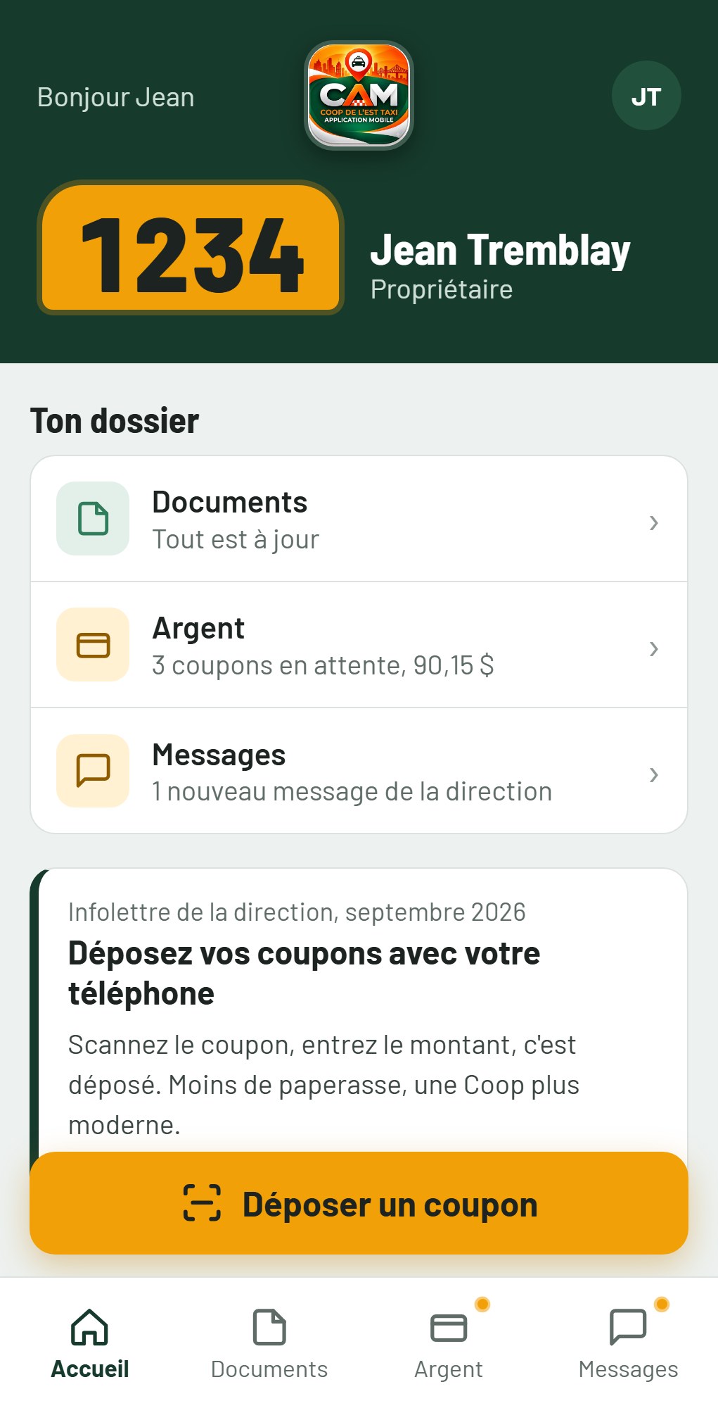 Écran d'accueil de l'application CAM