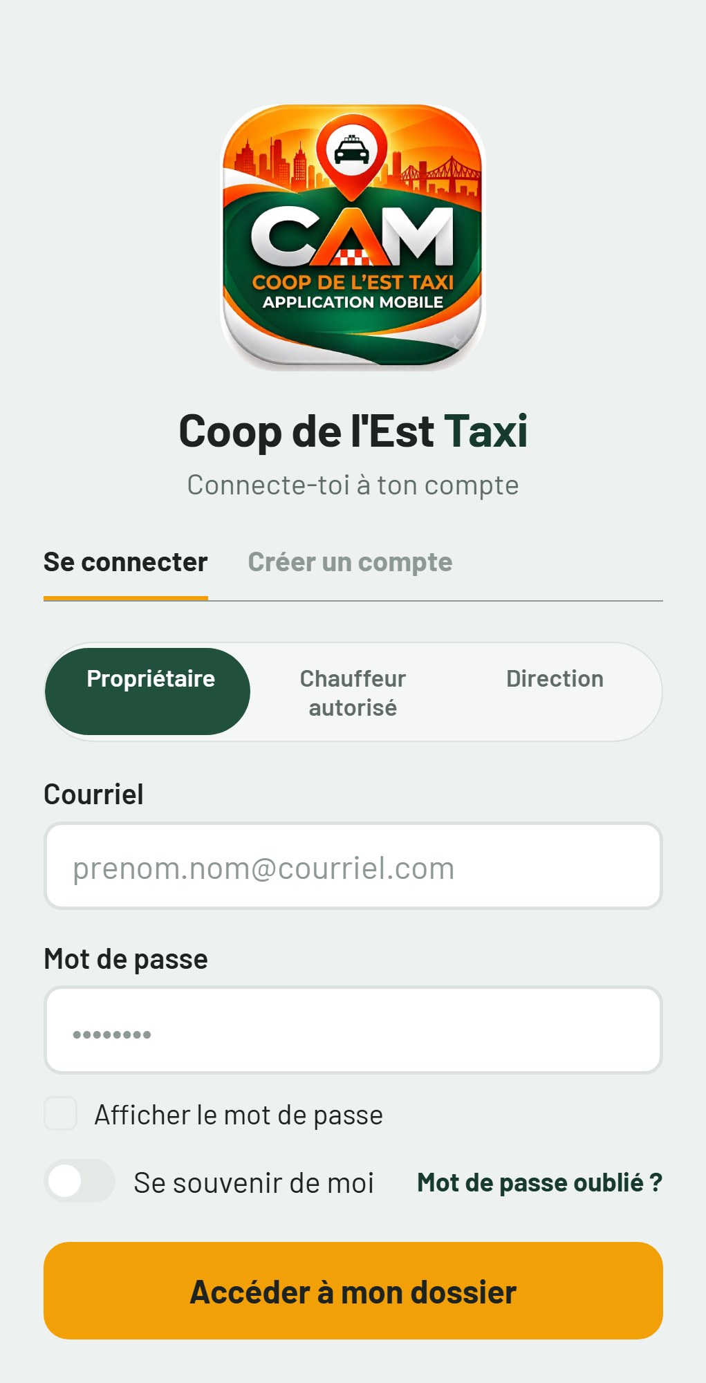 Écran de connexion CAM avec sélection du rôle : Propriétaire, Chauffeur autorisé, Direction
