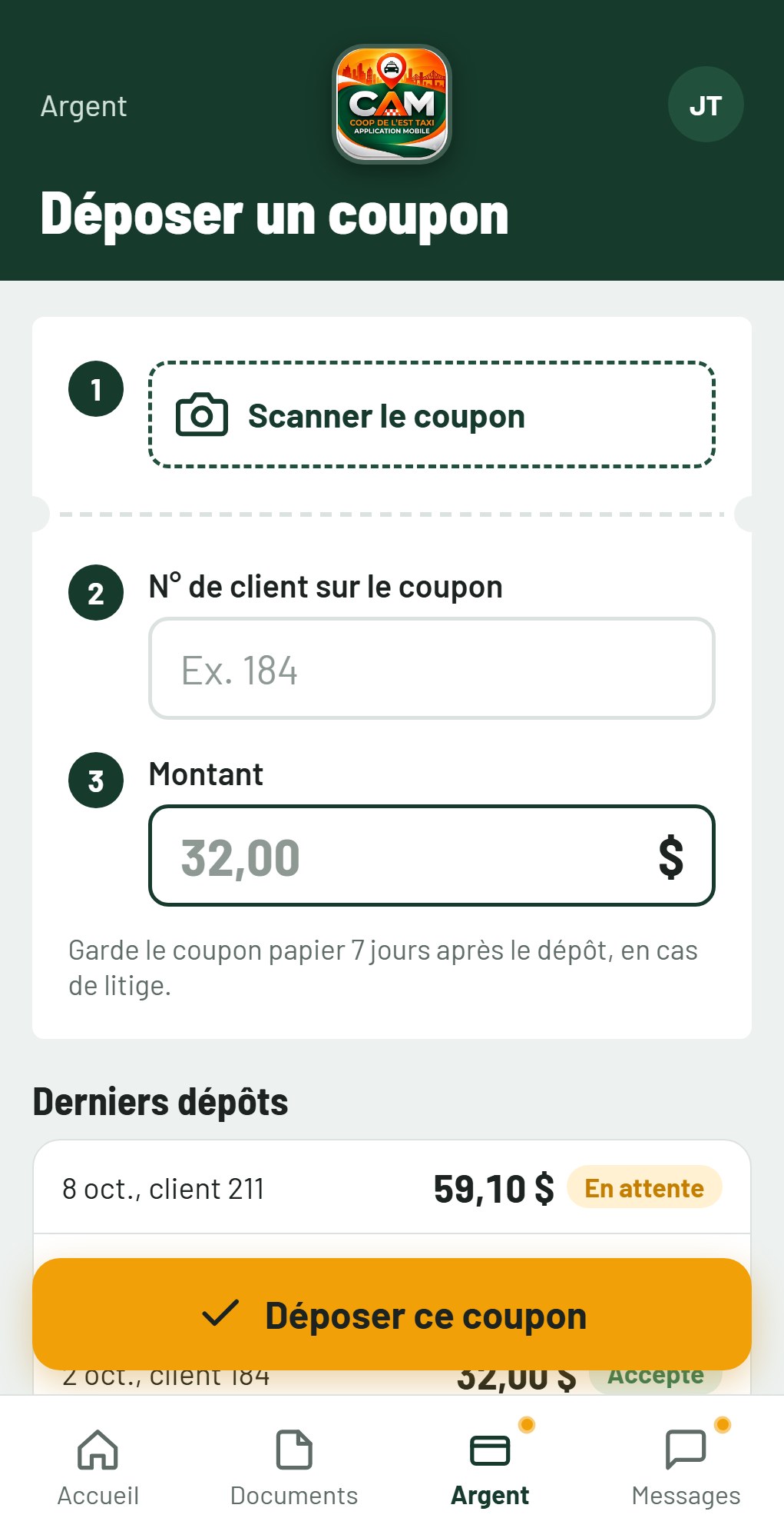 Aperçu de l'écran de dépôt de coupon dans CAM : numéro de client, montant, et bouton Déposer ce coupon
