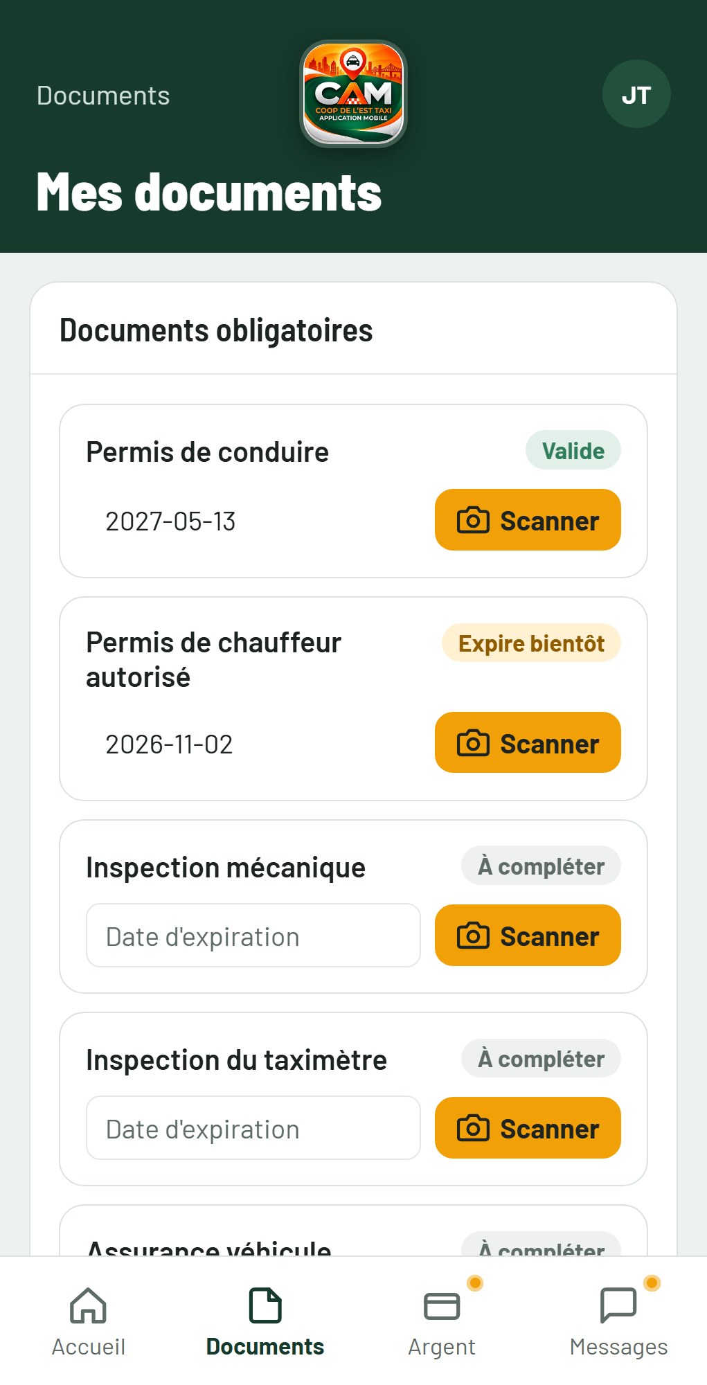 Écran Mes documents CAM : permis de conduire, inspection mécanique, inspection du taximètre, assurance
