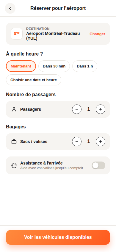 Écran de réservation aéroport : heure, passagers, bagages, assistance à l'arrivée