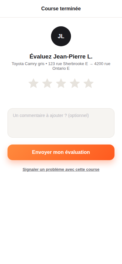 Écran d'évaluation de la course avec étoiles et signalement de problème