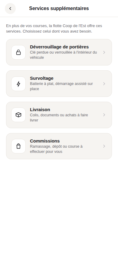 Écran des services supplémentaires : déverrouillage, survoltage, livraison, commissions